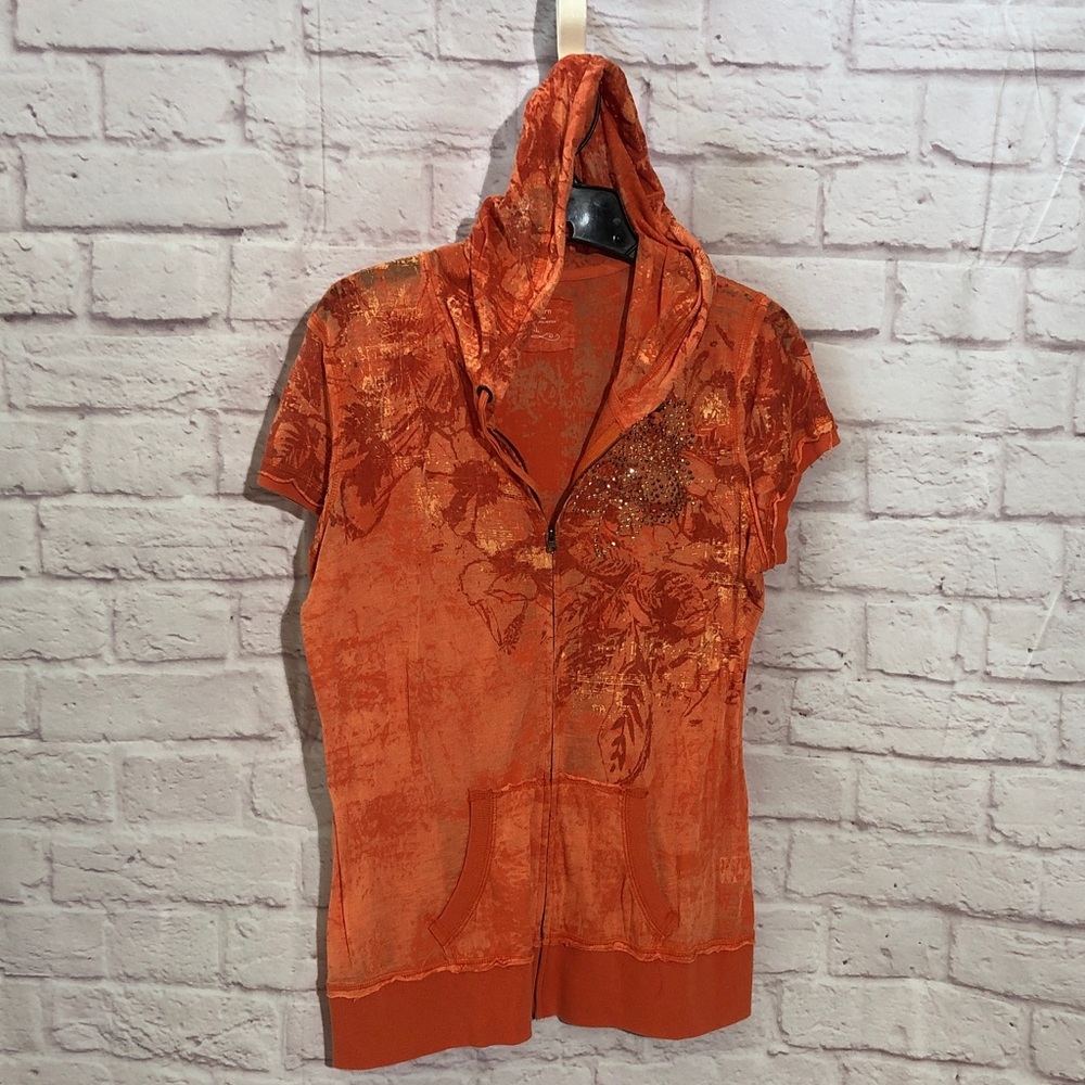 dressbarn sheer burnt Orange Floral Burnout Short Sleeve Zip Hoodie XL fall